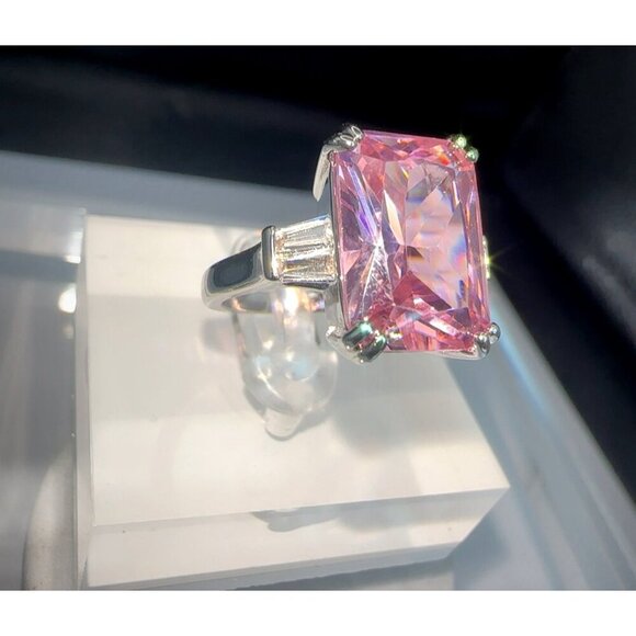 Pink Cubic Zirconia Silver Emerald Cut Ring - Picture 2 of 12